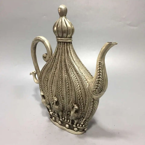 Chinese archaize White copper phoenix teapot crafts statue