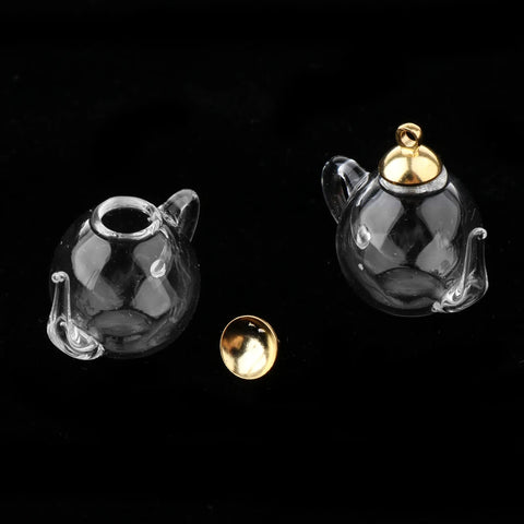 2Pcs Teapot Clear Glass Wishing Bottles Pendant Necklace Hair Rope Earrings Acc for Home Decor Birthday Charms Wedding Party