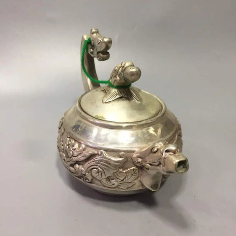 Chinese archaize White copper dragon handle teapot crafts statue #2