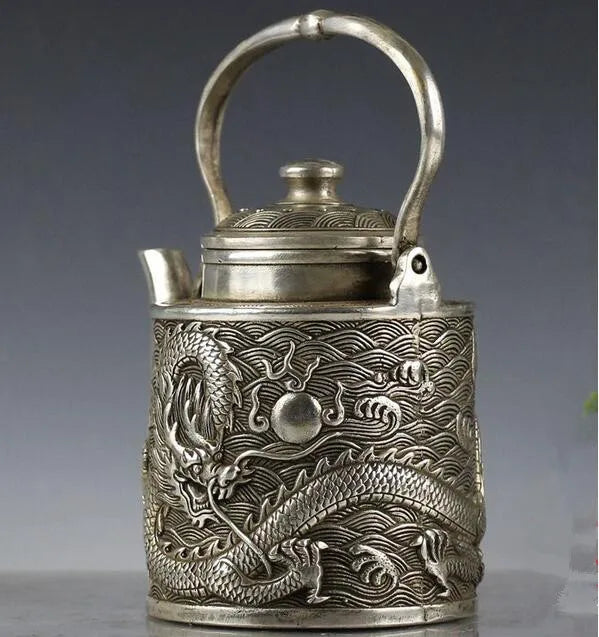 China collection archaize white copper dragon pattern teapot craft statue