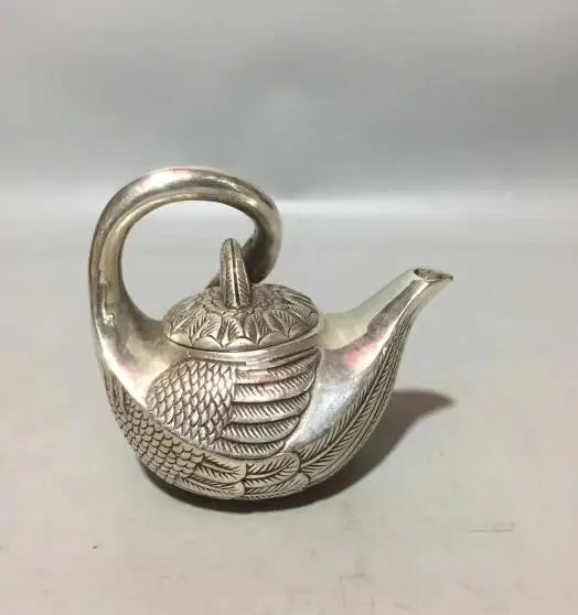 China collection archaize white copper swan teapot craft statue