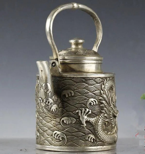 China collection archaize white copper dragon pattern teapot craft statue