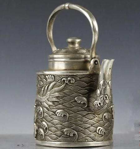 China collection archaize white copper dragon pattern teapot craft statue