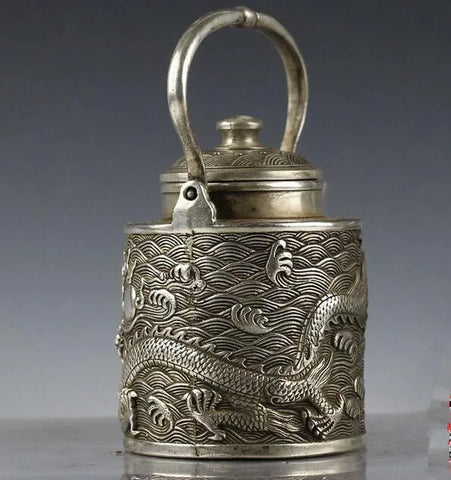 China collection archaize white copper dragon pattern teapot craft statue