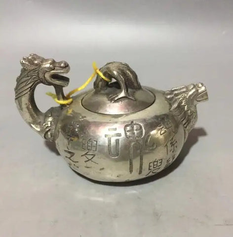 China collection archaize white copper dragon head teapot craft statue