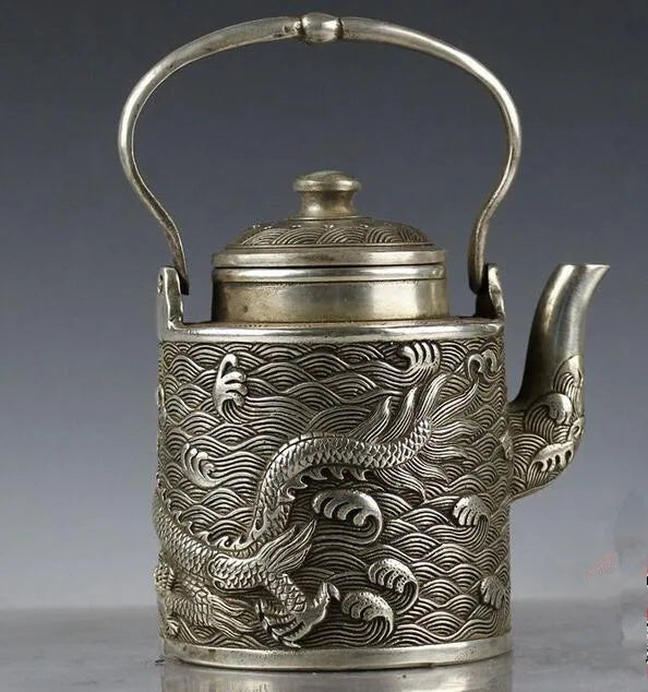 China collection archaize white copper dragon pattern teapot craft statue