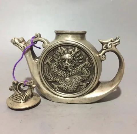 Collectible archaize white copper dragon phoenix teapot