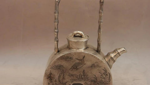 China White Copper Silver Bamboo Fish Kettle bottle Teapot Flagon Wine Pot