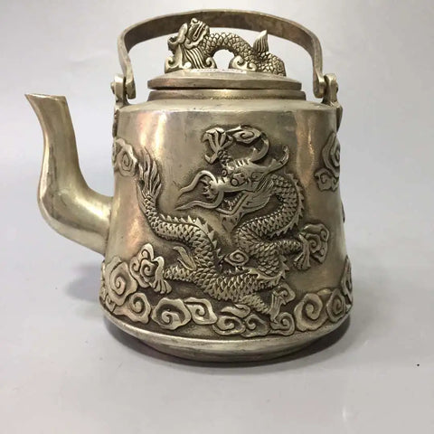 Chinese archaize White copper carving dragon teapot crafts statue