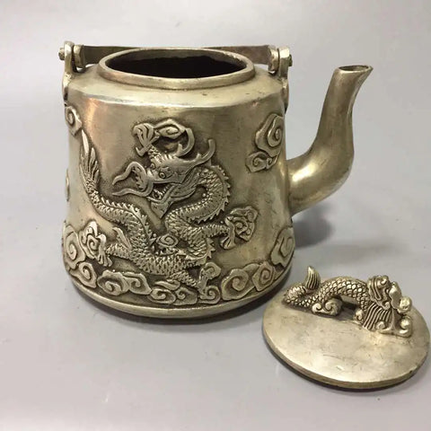 Chinese archaize White copper carving dragon teapot crafts statue