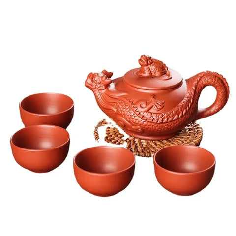 150ml Yixing Teapot Purple Clay Kung Fu Tea Set Handmade Dragon Elephant Squirrel Tea Pot with 4pcs Cup Set