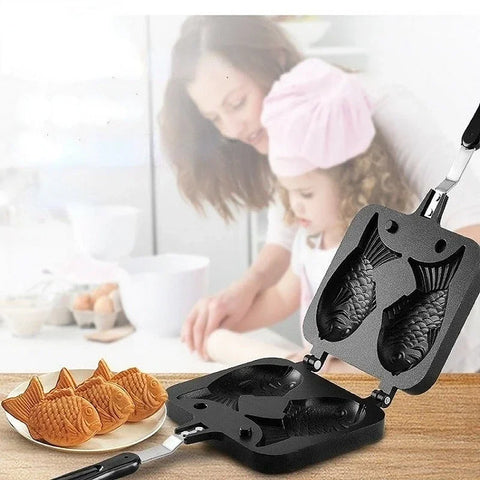 Kitchen Japanese Taiyaki Double Fish Shaped Hot Dessert Waffle Cake Maker Pan Japanese Pancake Double Pan Fry Pan Waffle  Molds