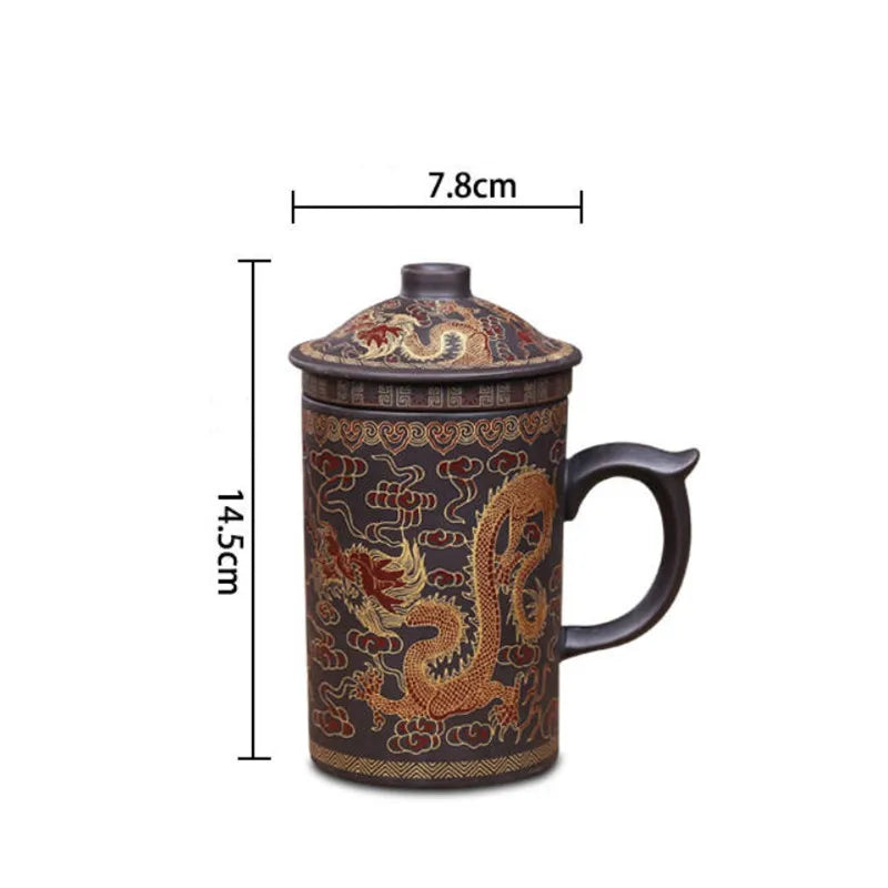 Retro Yixing Dragon Phenix Purple Clay Tea Mug with Lid and Infuser Handmade Ceramic Teacup Office Water Cup Gift Home Drinkware