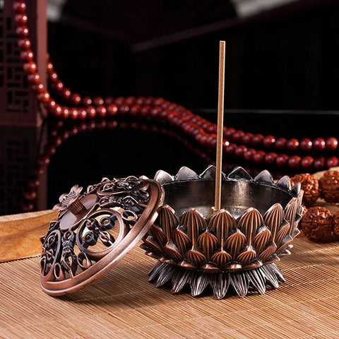 Incense Burner Lotus Flower Shape Censer Zinc Alloy Buddhism Buddha Holder Burner Chinese Style Home Office Decoration