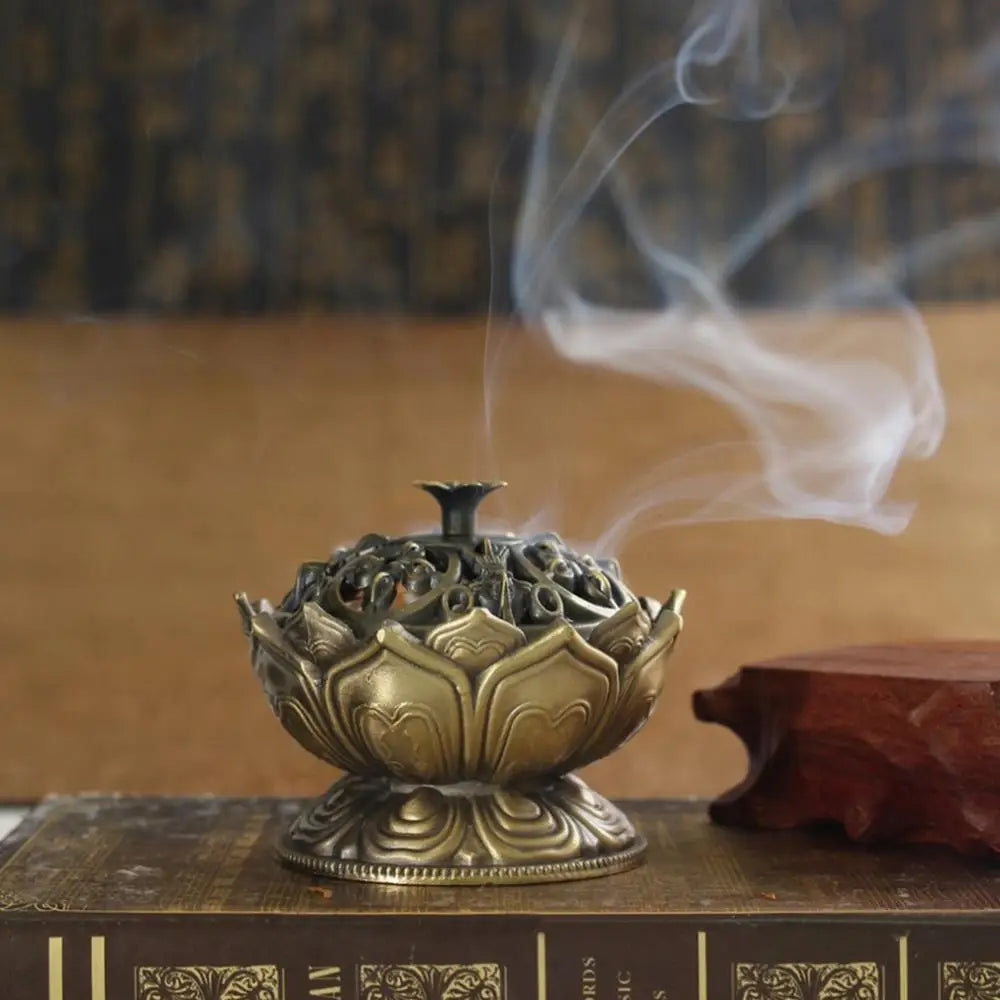 Alloy Incense Burner Chinese Buddha Lotus Flower Incense Holder Handmade Censer for Buddhist Home Office Decoration