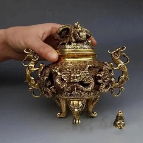 7" Chinese Brass Gilt 9 Dragon Incense Burner Censer Incensory Burner Statue