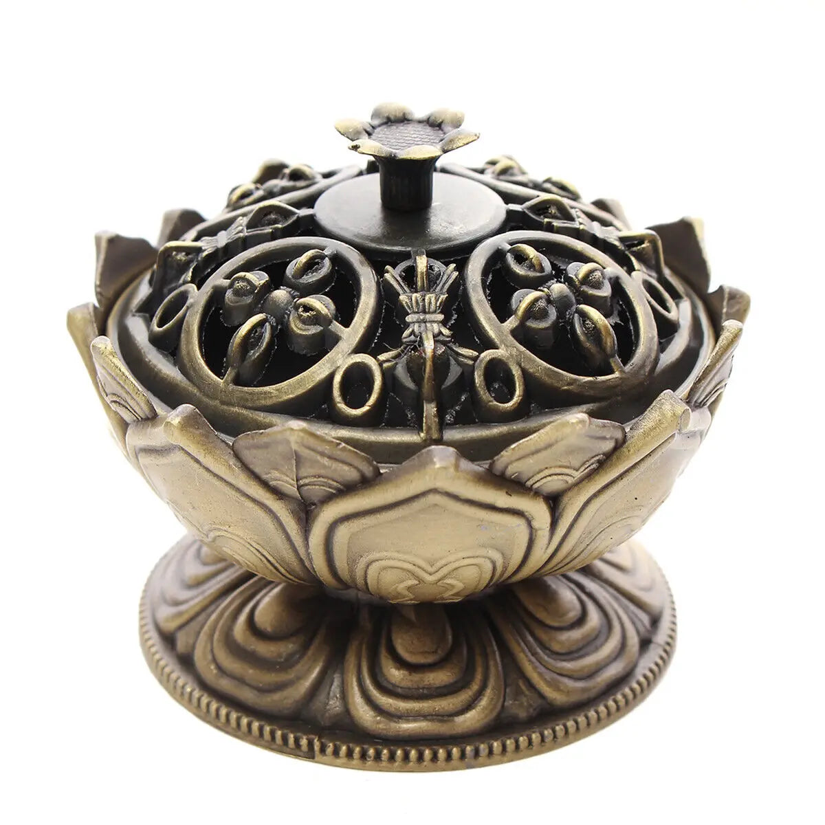 Chinese Lotus Cone Incense Burner Holder Flower Statue Censer Home Office Decor