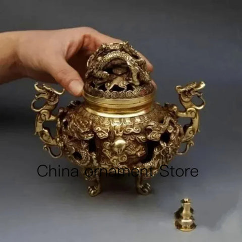 7" Chinese Brass Gilt 9 Dragon Incense Burner Censer Incensory Burner Statue