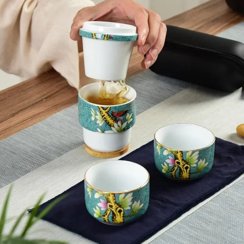 Ceramic Chinese Enamel Color Tea Cup Creative Portable Travel Tea Set With Box Office Teapot Sealed Canister Drinkware Gift