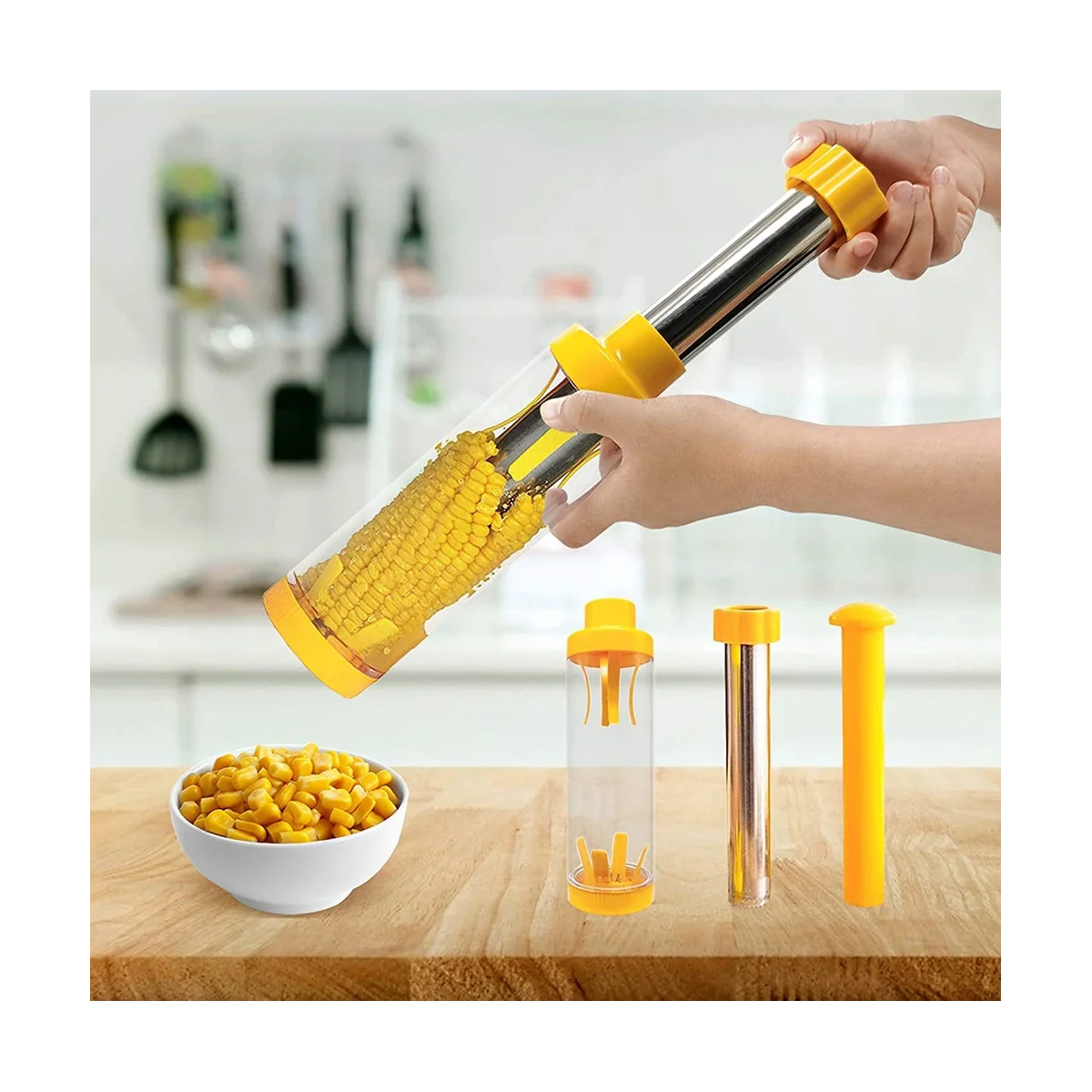 Yellow Deluxe Corn Stripper, 10.6Inch Quickly Remove Kernels From the Cob No Splatters or Mess Dishwasher Safe