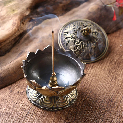 Alloy Incense Burner Chinese Buddha Lotus Flower Incense Holder Handmade Censer for Buddhist Home Office Decoration