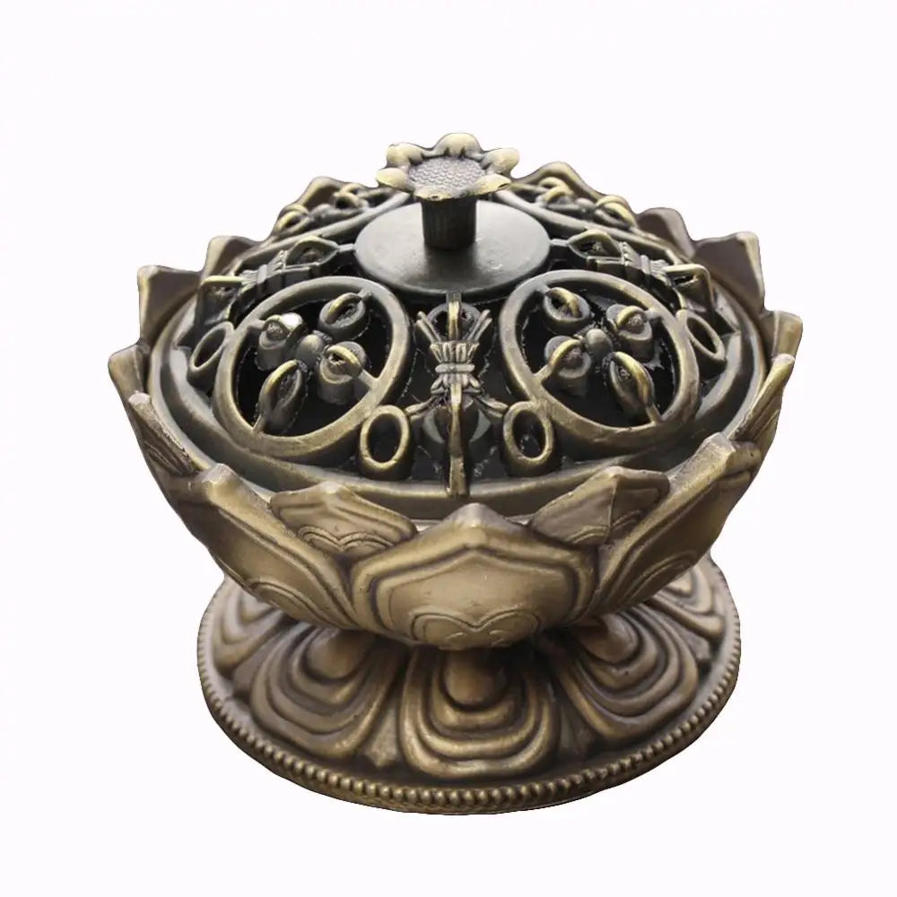 Alloy Incense Burner Chinese Buddha Lotus Flower Incense Holder Handmade Censer for Buddhist Home Office Decoration