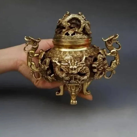 7" Chinese Brass Gilt 9 Dragon Incense Burner Censer Incensory Burner Statue