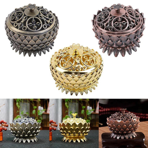 Incense Burner Lotus Flower Shape Censer Zinc Alloy Buddhism Buddha Holder Burner Chinese Style Home Office Decoration