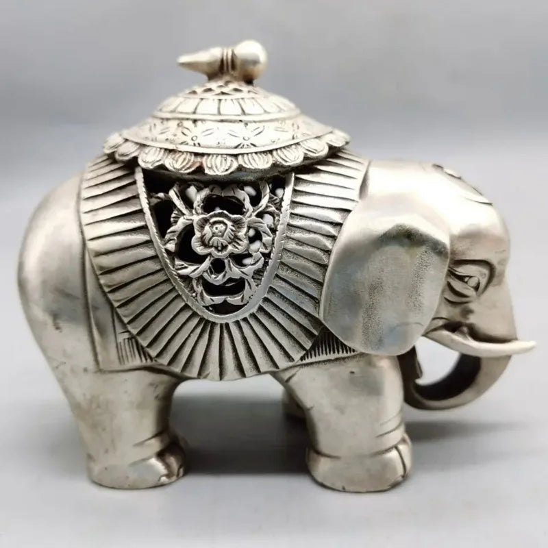 Chinese Buddhism Temple Silver Auspicious Elephant Statue Incense Burner Censer