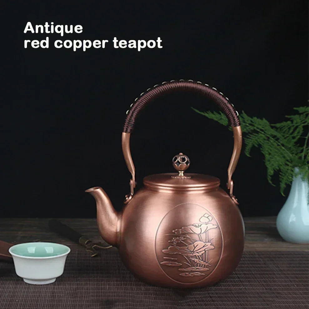 1600ML Antique Pure Copper Teapot Health Boiling Water Pot Handmade Carved Pot Red Copper Tea Set