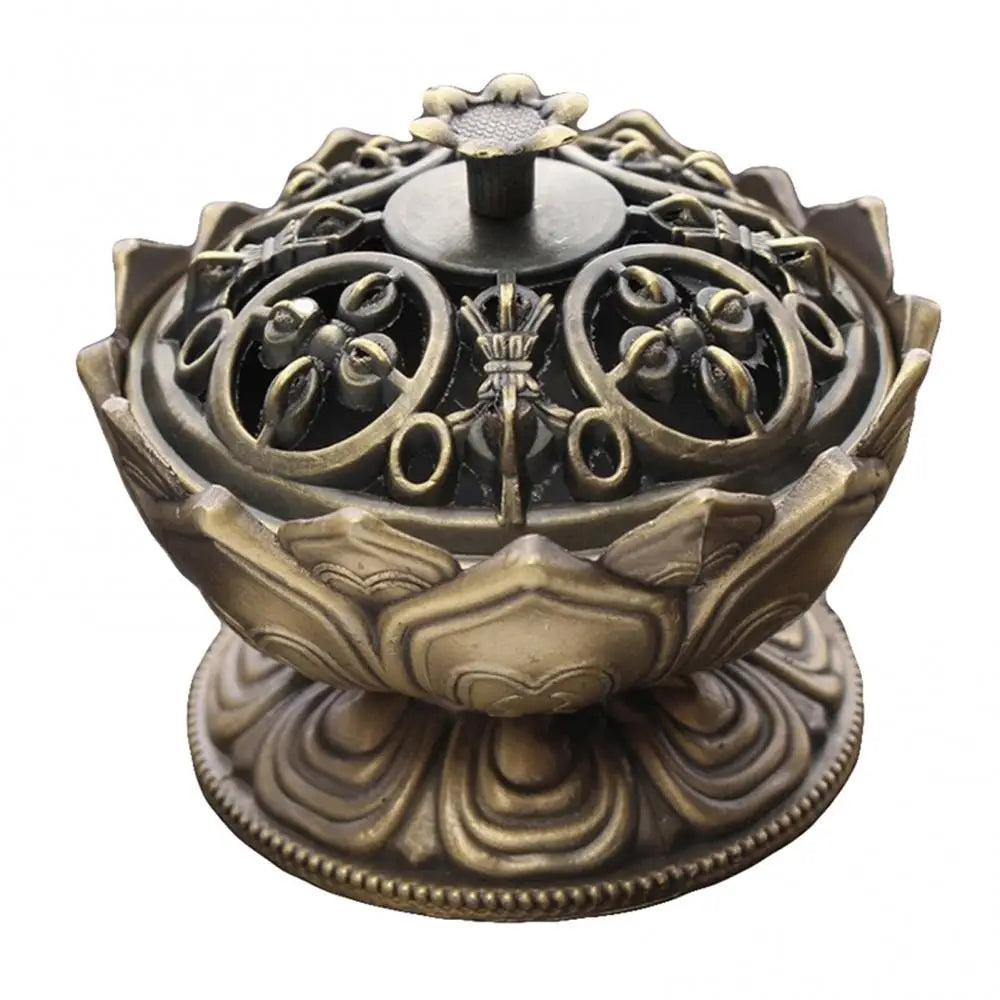 Alloy Incense Burner Chinese Buddha Lotus Flower Incense Holder Handmade Censer for Buddhist Home Office Decoration