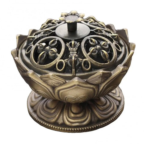 Alloy Incense Burner Chinese Buddha Lotus Flower Incense Holder Handmade Censer for Buddhist Home Office Decoration