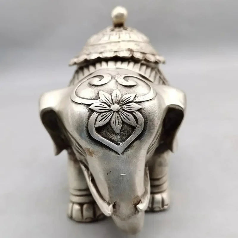 Chinese Buddhism Temple Silver Auspicious Elephant Statue Incense Burner Censer