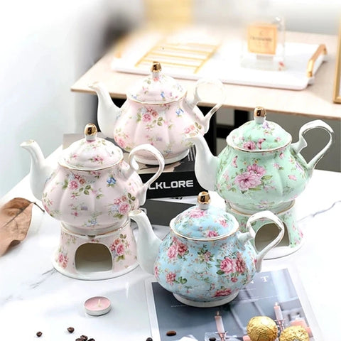 400ML English British Fine China Teapot Heating Base High-Grade Porcelain Tea Warmer Teapot Set Ceramic Holding Furnace