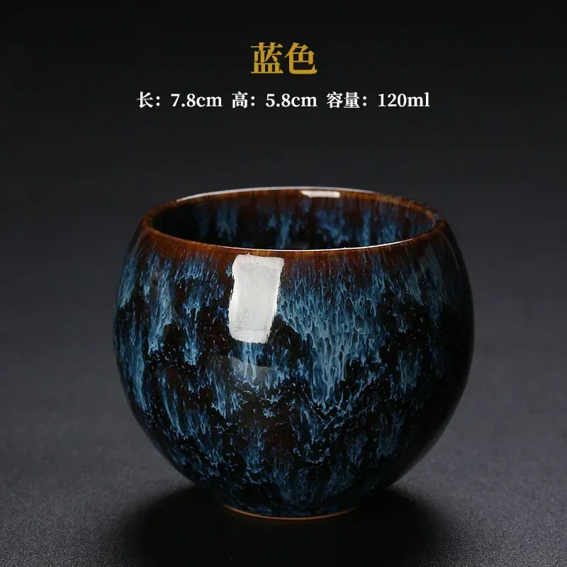 Temmoku Glaze Kung Fu Tea Cups, Ceramic Fambe Master Single Cup, Always-Standing Sub Jianzhan Glaze Change Dragon Egg, 120ml Cup