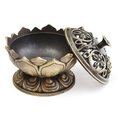 Alloy Incense Burner Chinese Buddha Lotus Flower Incense Holder Handmade Censer for Buddhist Home Office Decoration