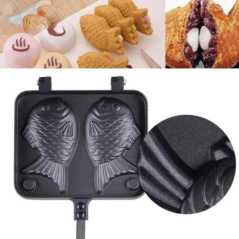 Kitchen Japanese Taiyaki Double Fish Shaped Hot Dessert Waffle Cake Maker Pan Japanese Pancake Double Pan Fry Pan Waffle  Molds