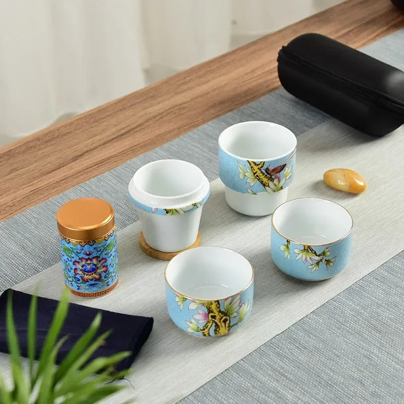 Ceramic Chinese Enamel Color Tea Cup Creative Portable Travel Tea Set With Box Office Teapot Sealed Canister Drinkware Gift