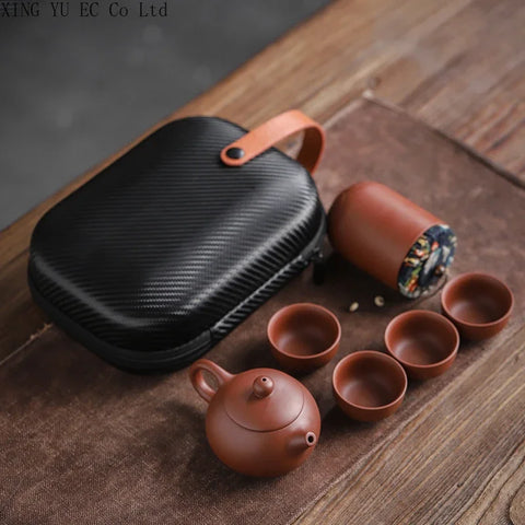 Chinese Travel Tea Set Portable Set Household Purple Clay One Pot Four Cups Tea Caddy Outdoor Travel Convenient Teapot Tea Cup