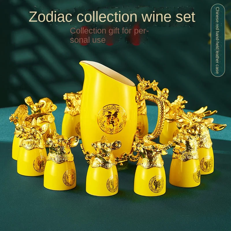 Gold-plated Twelve Animal Head Ceramic Wine Glass Dispenser Crafts Decoration Gift Shot Glasses Set Home Vodka Tequila Glass New