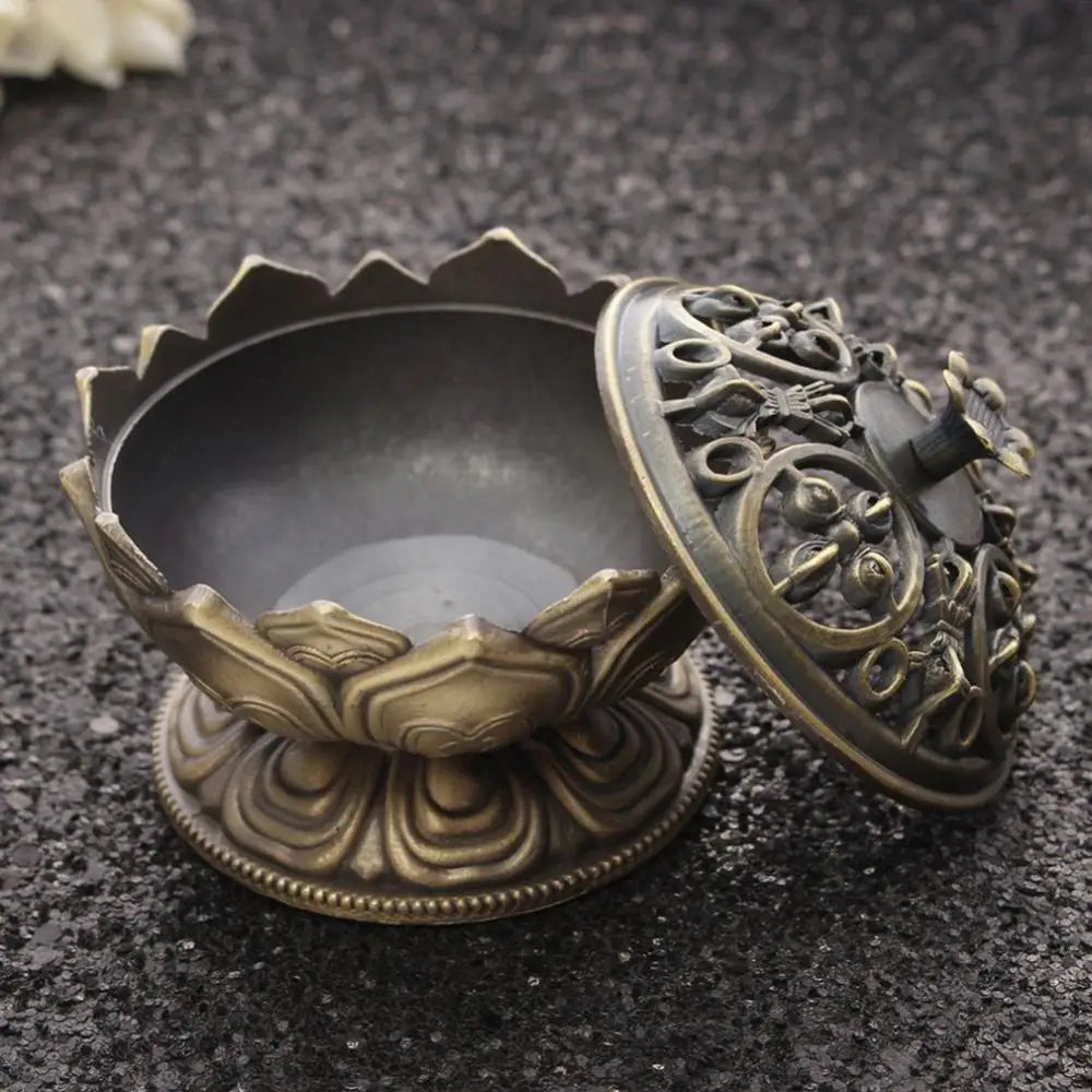 Alloy Incense Burner Chinese Buddha Lotus Flower Incense Holder Handmade Censer for Buddhist Home Office Decoration