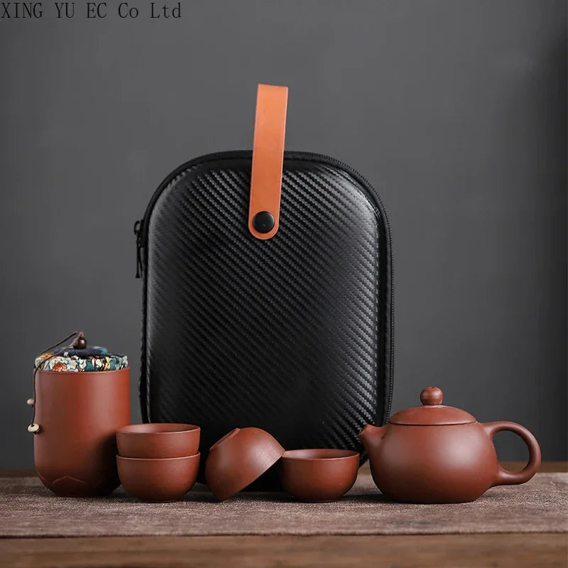 Chinese Travel Tea Set Portable Set Household Purple Clay One Pot Four Cups Tea Caddy Outdoor Travel Convenient Teapot Tea Cup